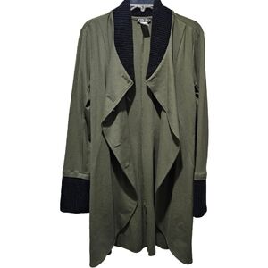 Olive Green Open Front Cardigan with Black Trim